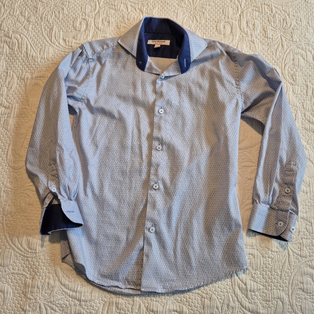 Isaac Mizrahi boys size 8 button down shirt blue white purple geometric pattern